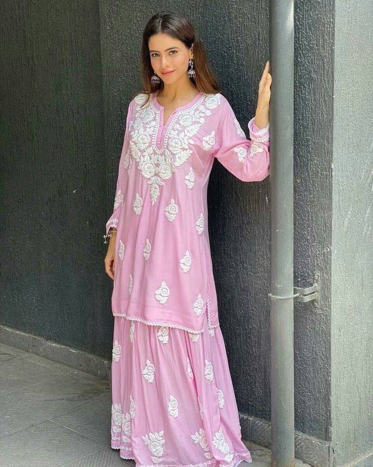 Pink Rayon  Chikankari Kurta With Palazzo