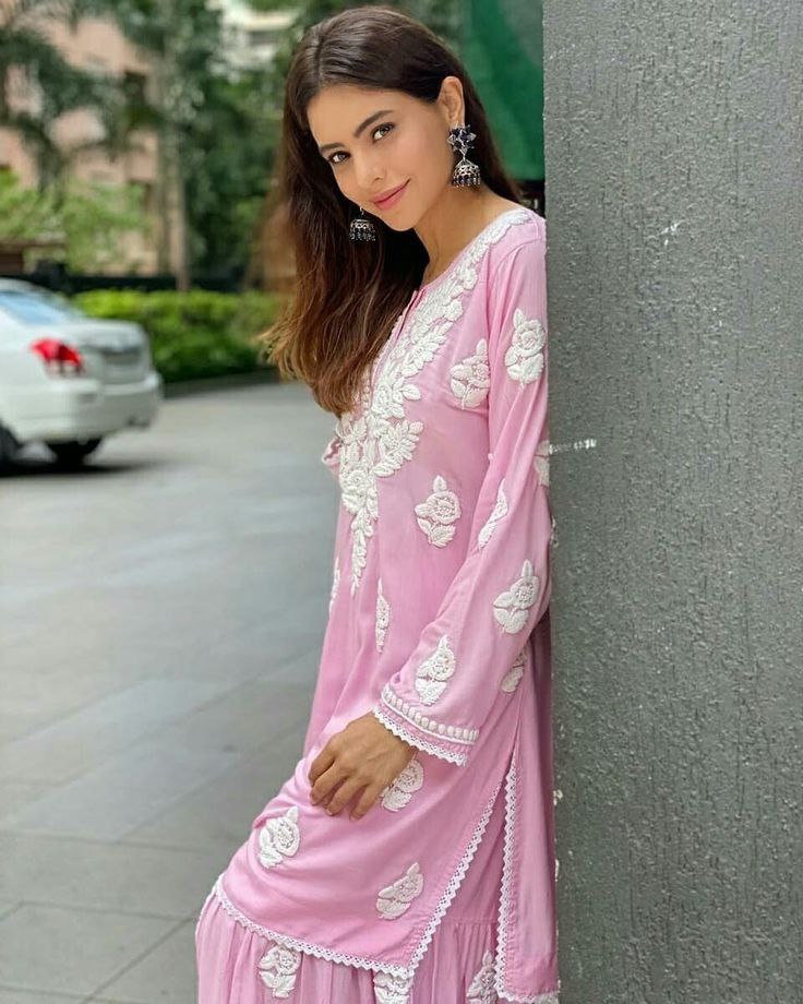 Pink Rayon  Chikankari Kurta With Palazzo