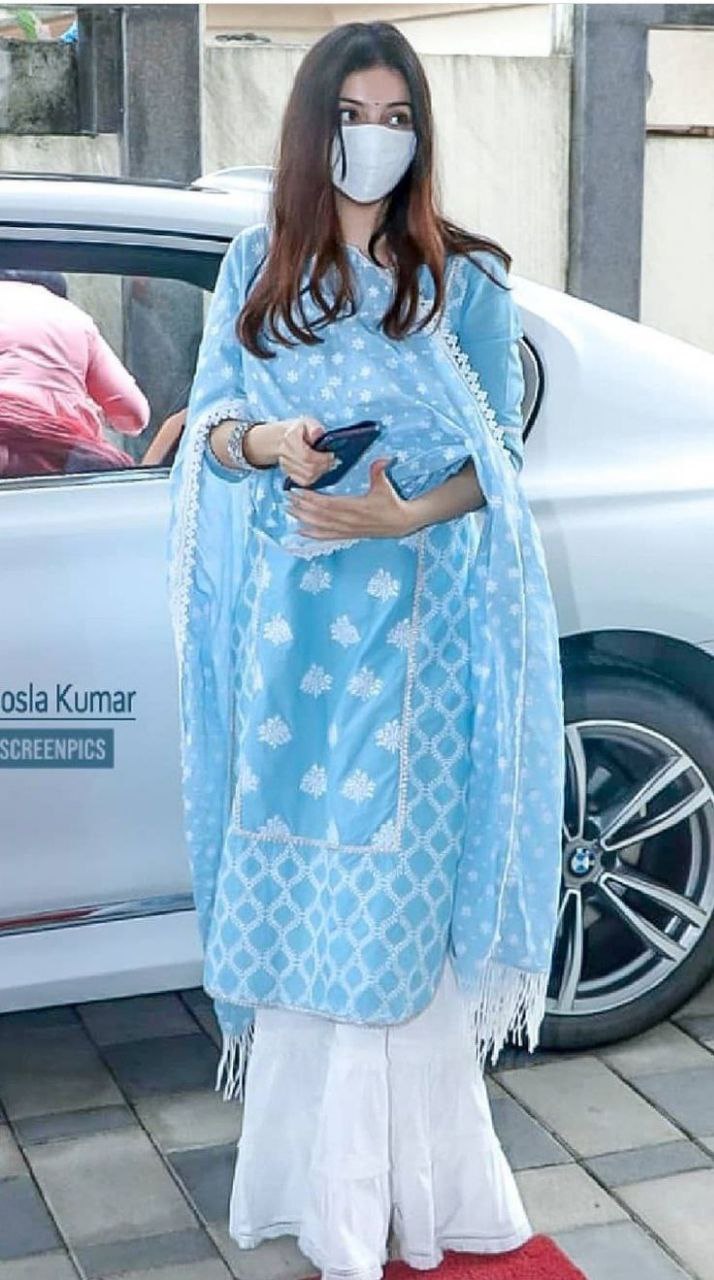 Skyblue Geogette Chikankari Kurta With Palazzo