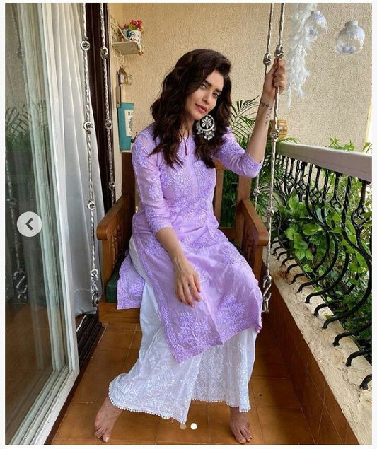 Karishma Tanna Lavendor Cotton Chikankari Kurta With Palazzo