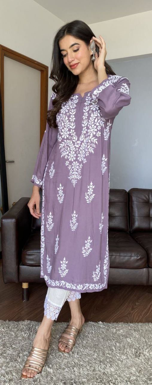 Purple Rayon Chikankari Kurta With Palazzo