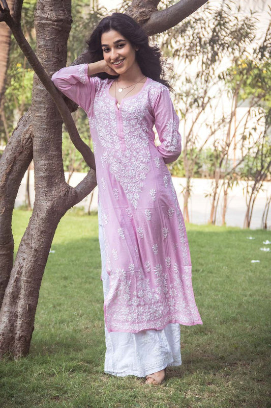 Pink Rayon Chikankari Kurta With Palazzo