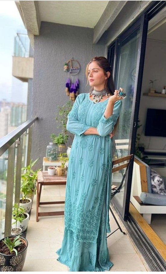 Rubina Dilaik Fox Geogette sky Chikankari Kurta With Palazzo