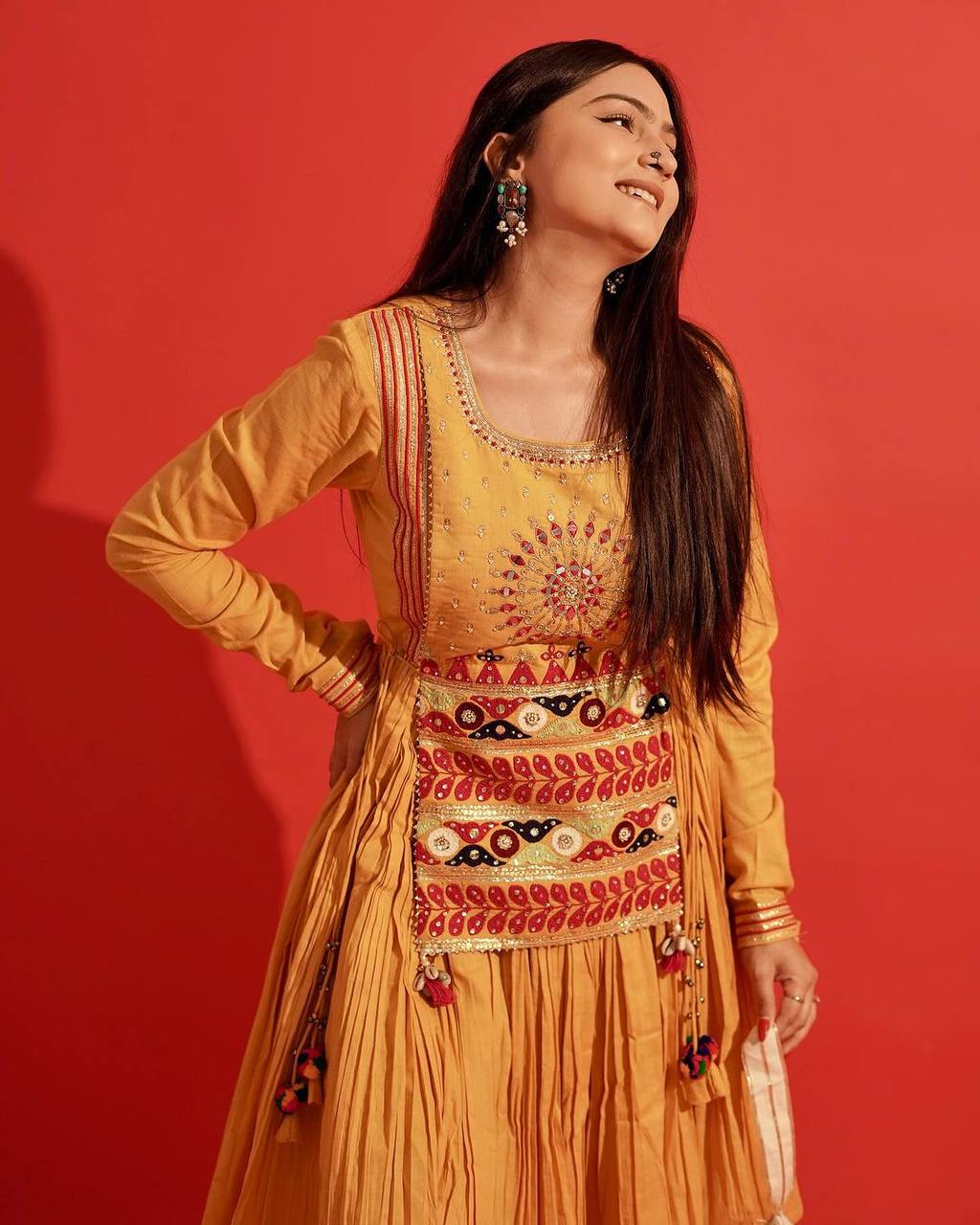 Yellow Cotton Embroidery Sequence Work Kurta Set