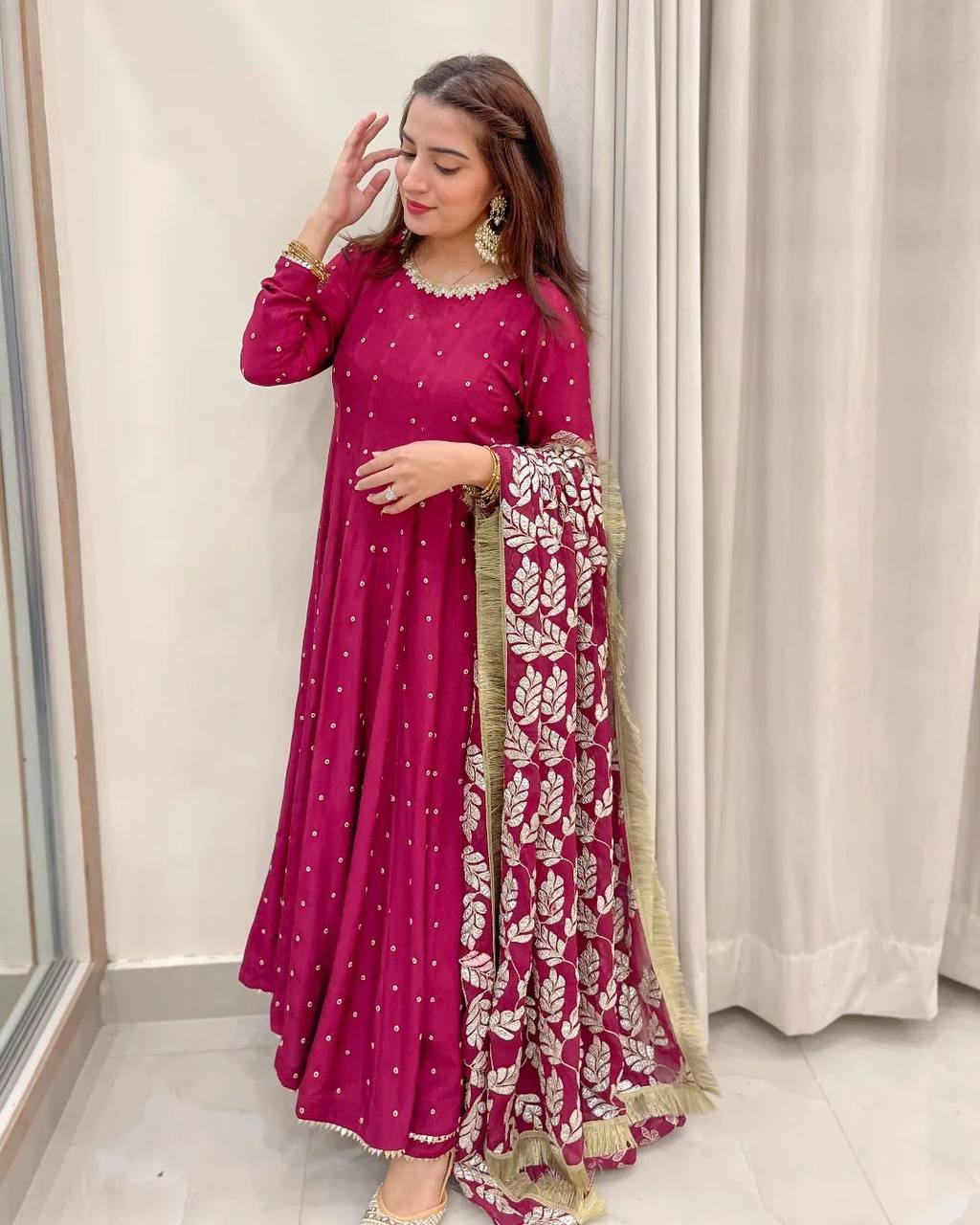 Pink Fox Georgette Embroidery Sequence Work Gown