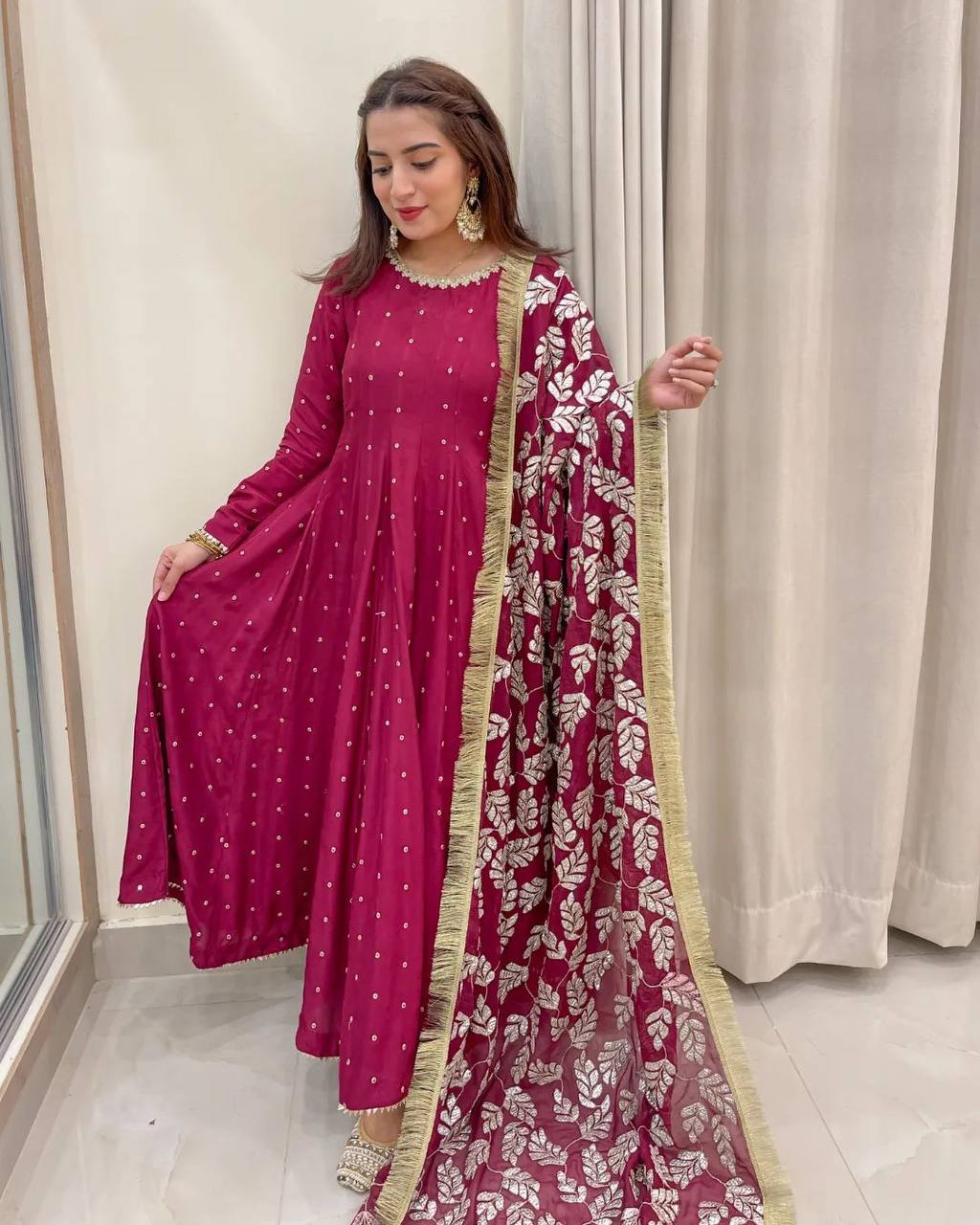 Pink Fox Georgette Embroidery Sequence Work Gown