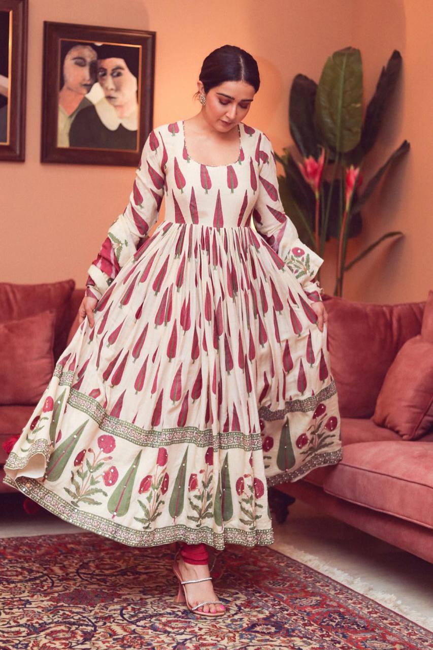 White digital printed anarkali suit