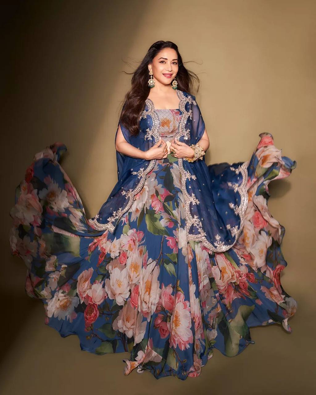 Madhuri Dixit Blue Printed Georgette Embroidery Lehenga