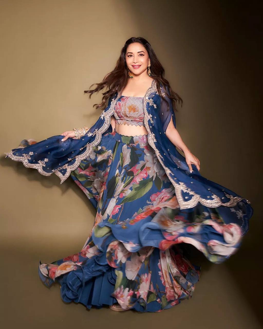 Madhuri Dixit Blue Printed Georgette Embroidery Lehenga