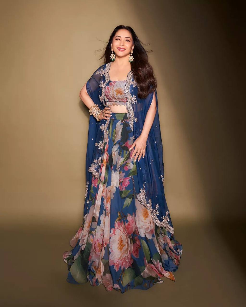 Madhuri Dixit Blue Printed Georgette Embroidery Lehenga