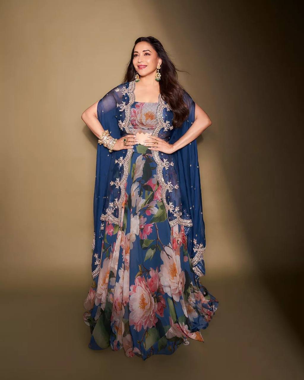 Madhuri Dixit Blue Printed Georgette Embroidery Lehenga