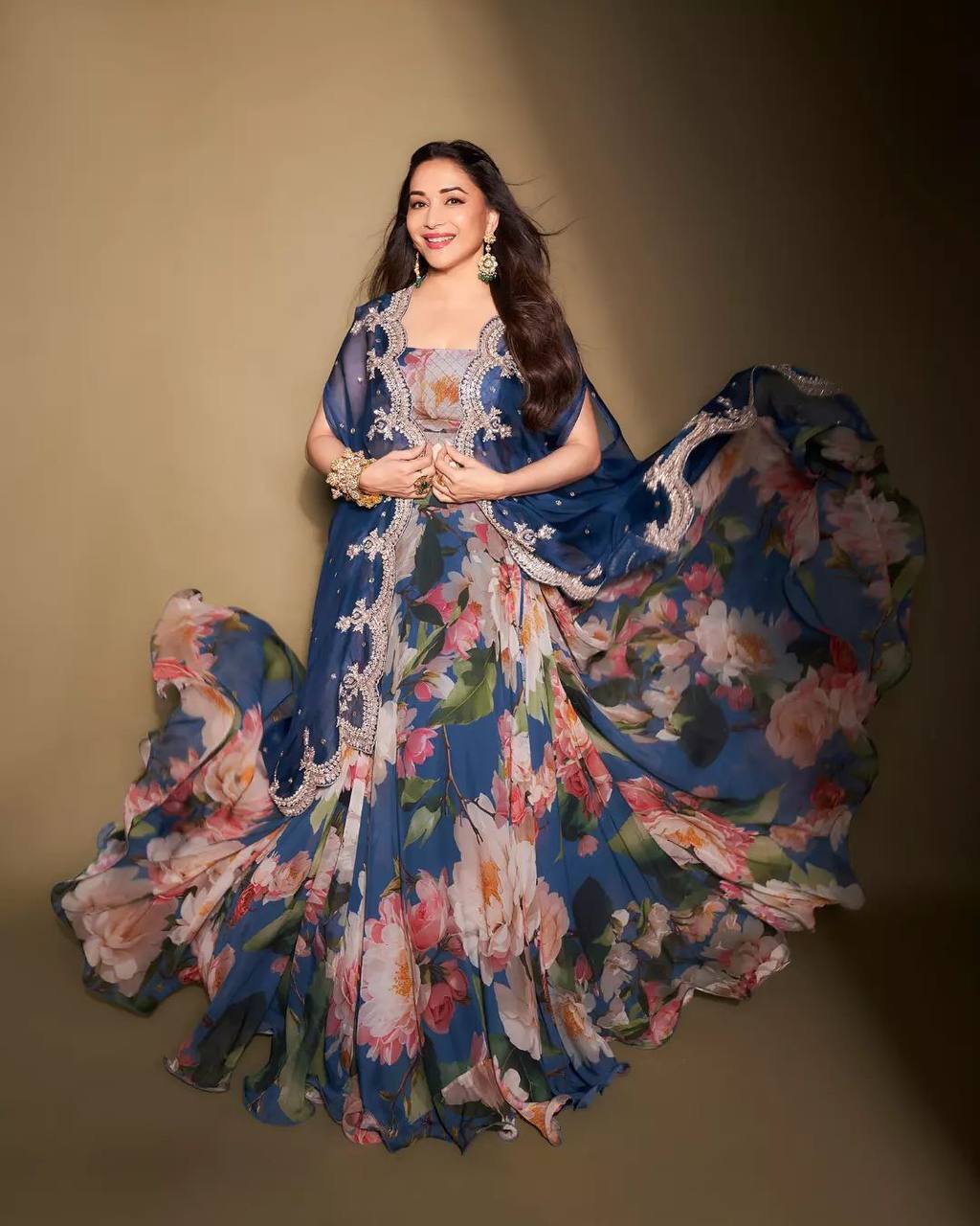 Madhuri Dixit Blue Printed Georgette Embroidery Lehenga