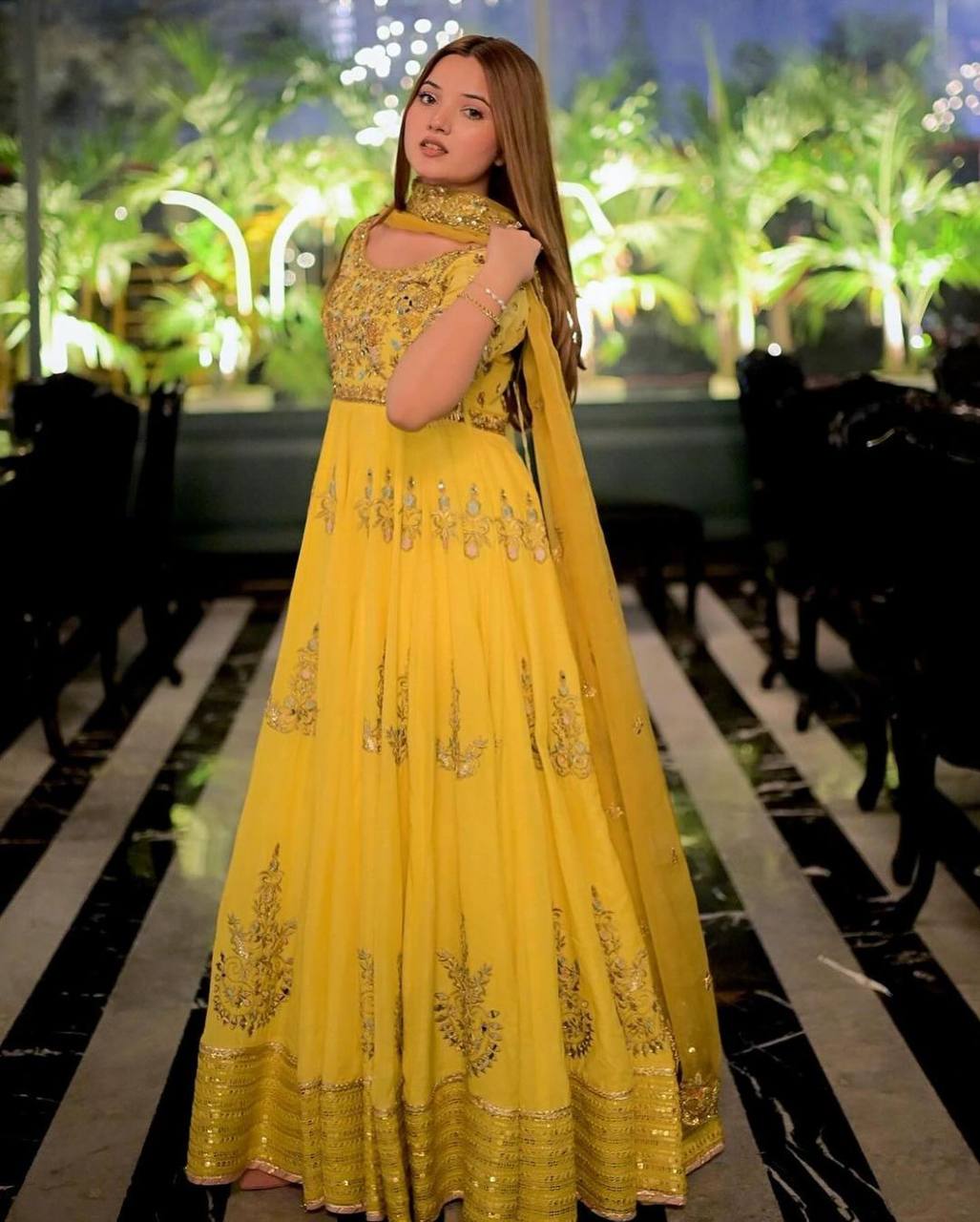 Yellow Georgette Embroidery Gown