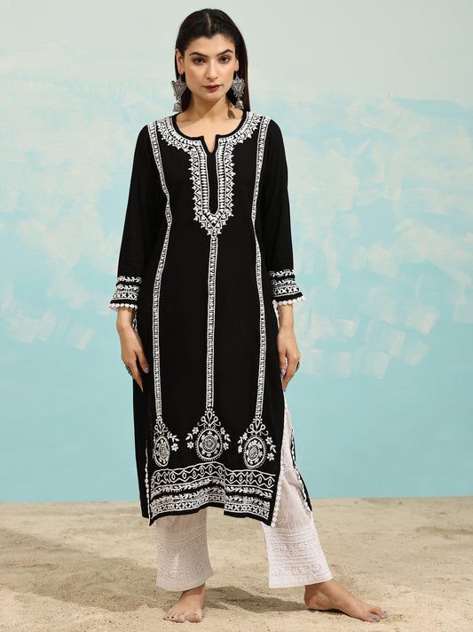 Brenda Black Rayon Cotton Chikankari Kurta with Palazzo