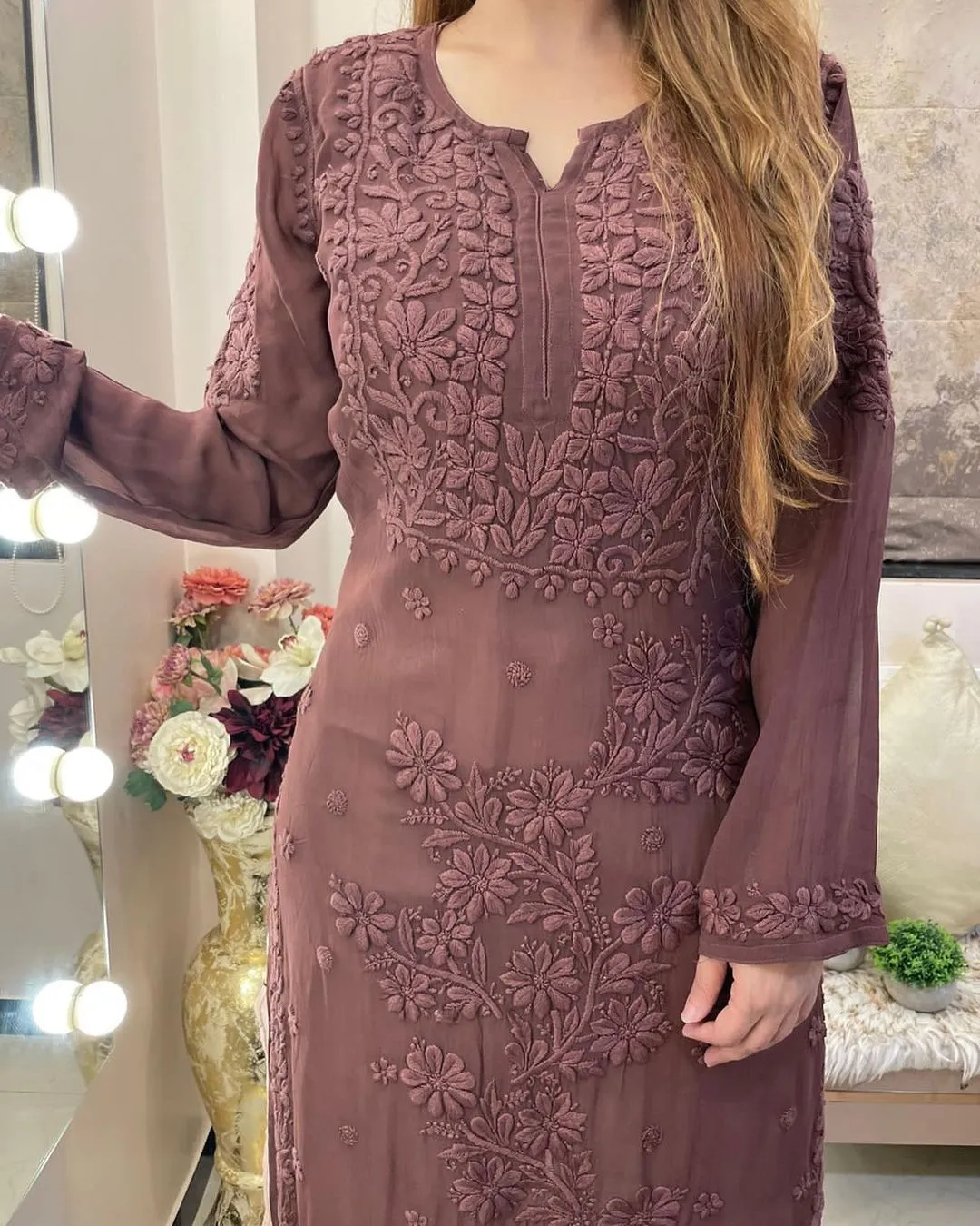 Brown Viscose Georgette Chikankari Kurta With Pant