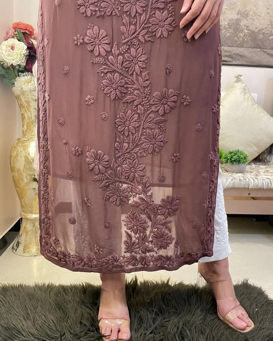 Brown Viscose Georgette Chikankari Kurta With Pant