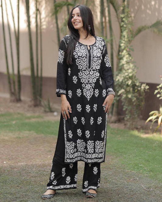 Bishakha Black Rayon Cotton Chikankari Kurta With Palazzo