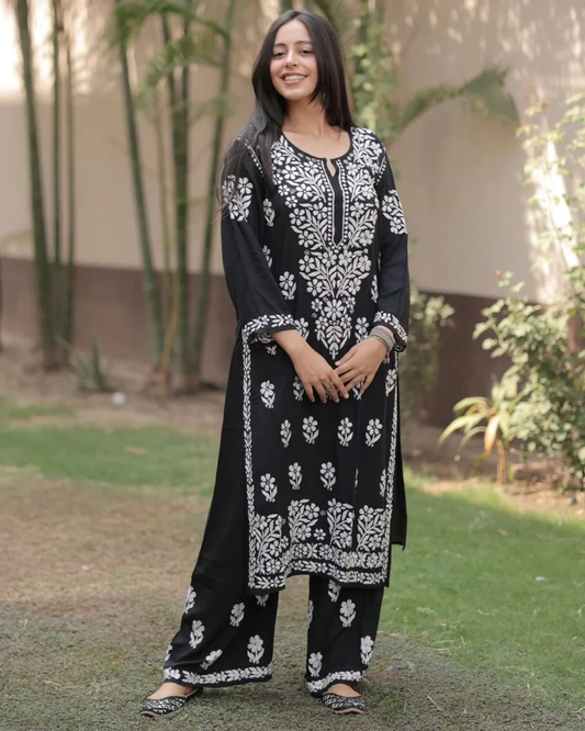 Chakrika Rayon Cotton Chikankari Kurta With Palazzo