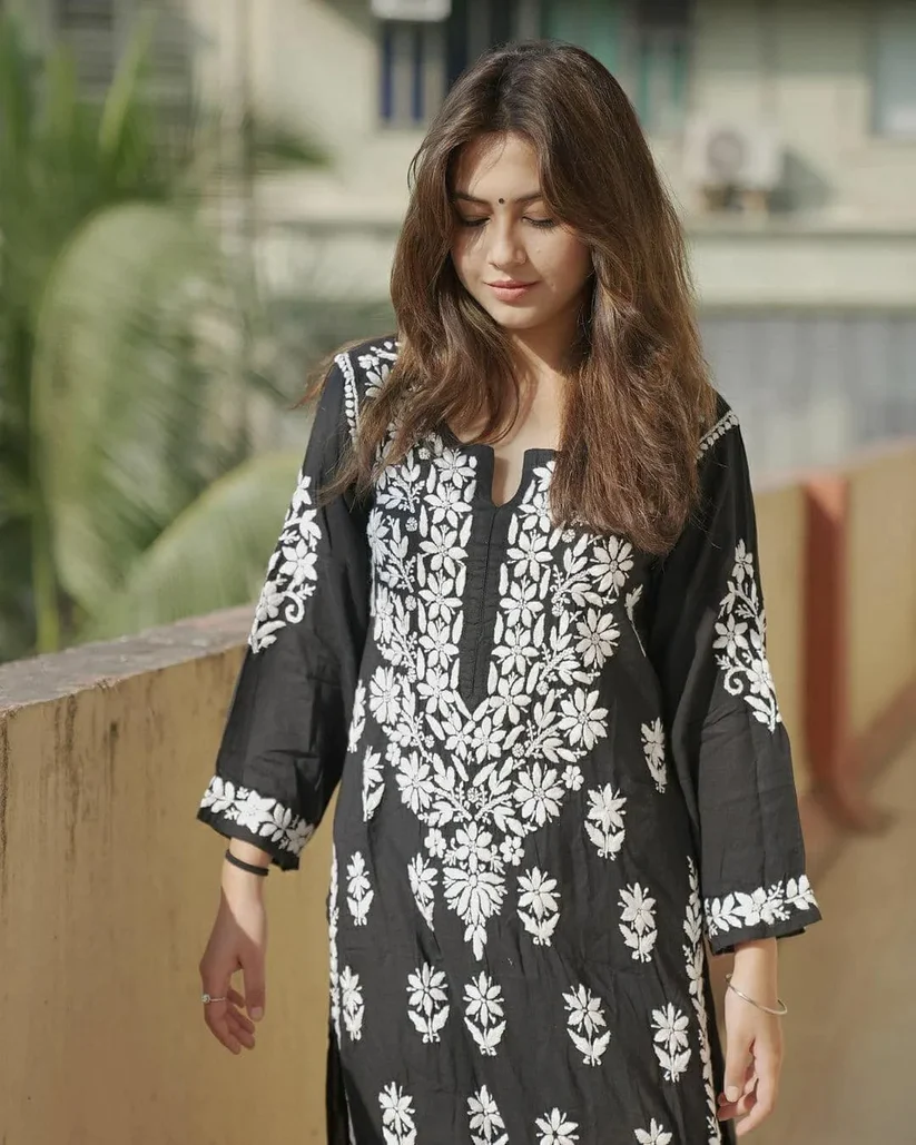 Bishakha Black Rayon Cotton Chikankari Kurta With Palazzo