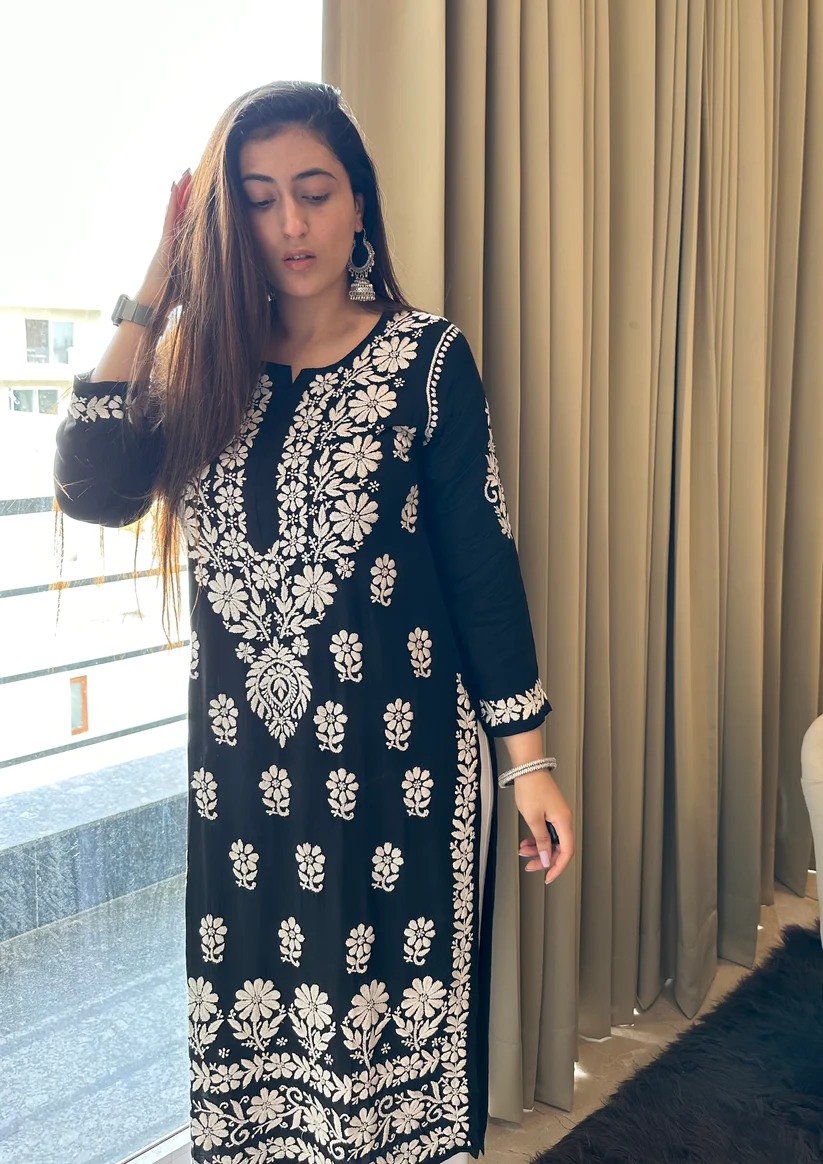 Naysa Black Rayon Cotton Chikankari Kurta with Palazzo