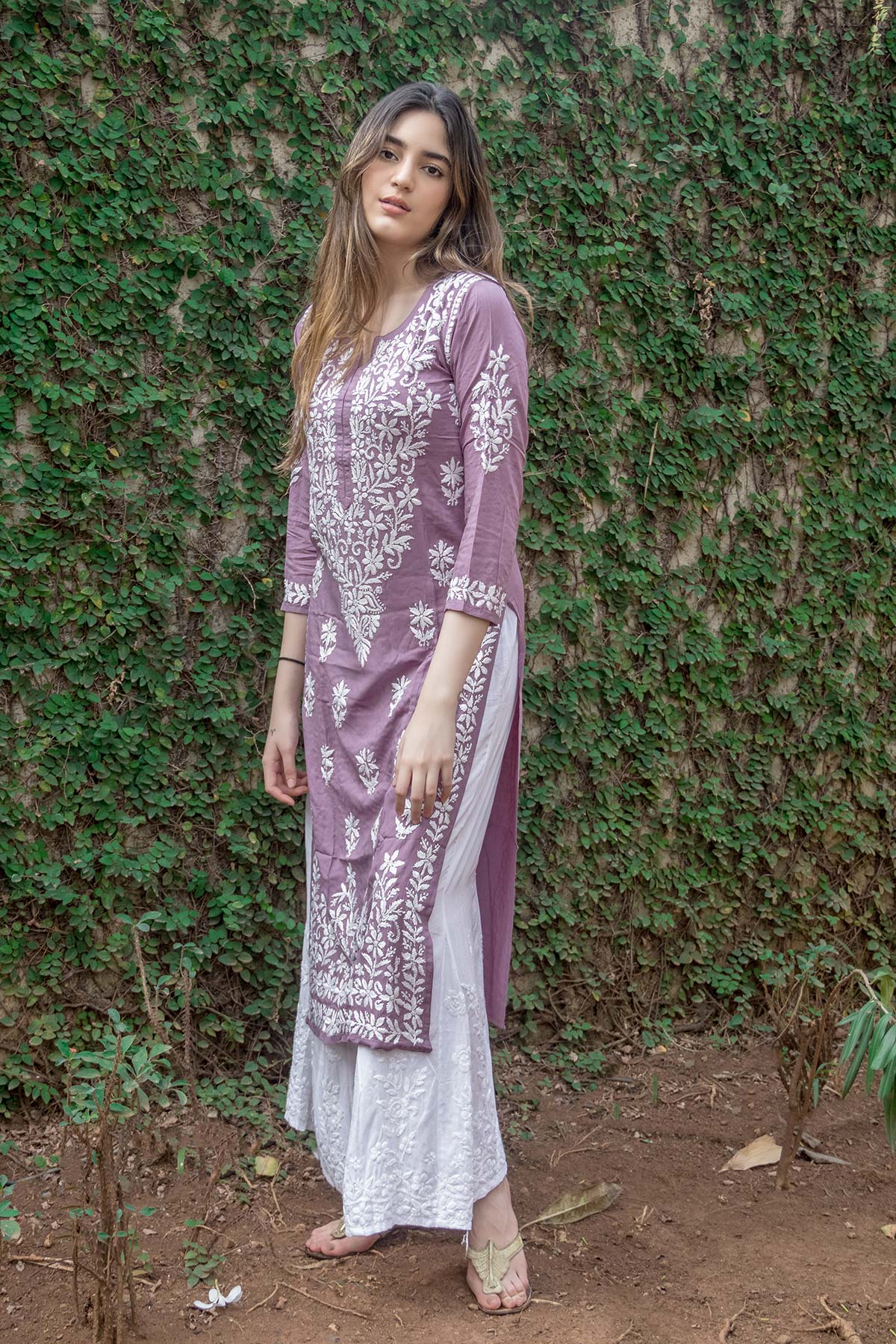 Piya Purple Rayon Cotton Chikankari Kurta With Palazzo