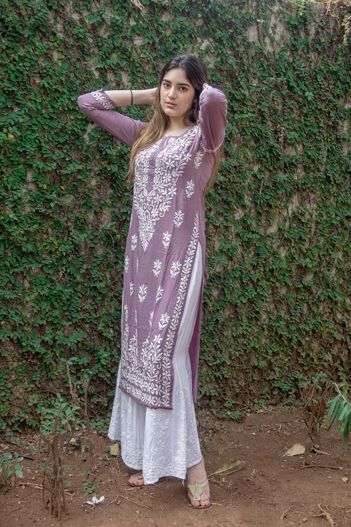 Piya Purple Rayon Cotton Chikankari Kurta With Palazzo