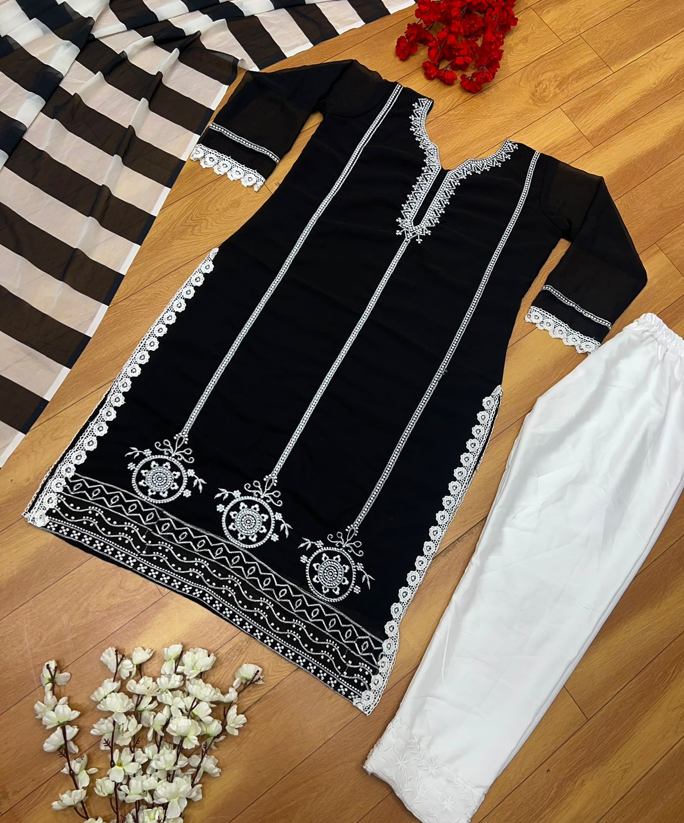 Brenda Black Rayon Cotton Chikankari Kurta with Palazzo