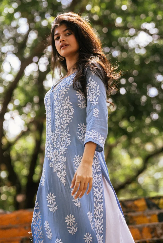 Shreya Skyblue Rayon Cotton Chikankari Kurta With Palazzo