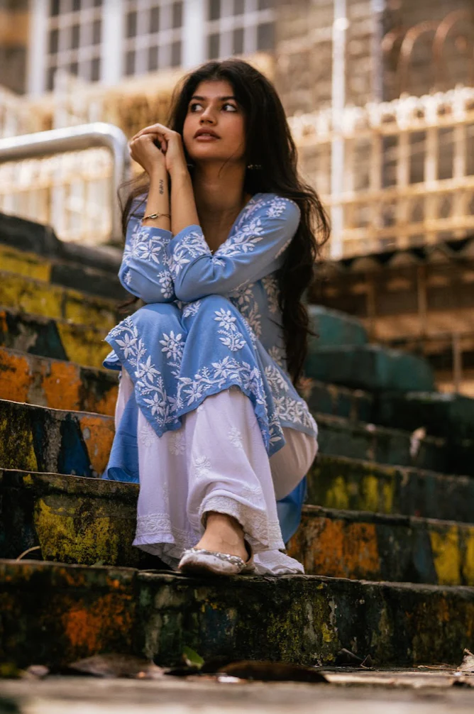 Shreya Skyblue Rayon Cotton Chikankari Kurta With Palazzo