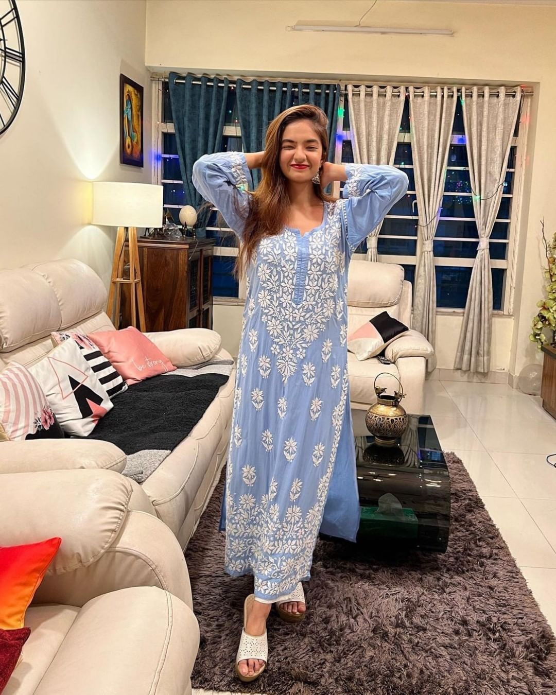 Shreya Skyblue Rayon Cotton Chikankari Kurta With Palazzo