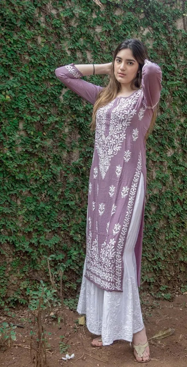 Purple Rayon Cotton Chikankari Kurta Palazzo