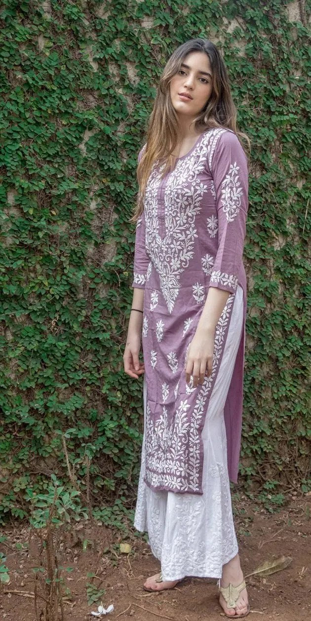 Purple Rayon Cotton Chikankari Kurta Palazzo