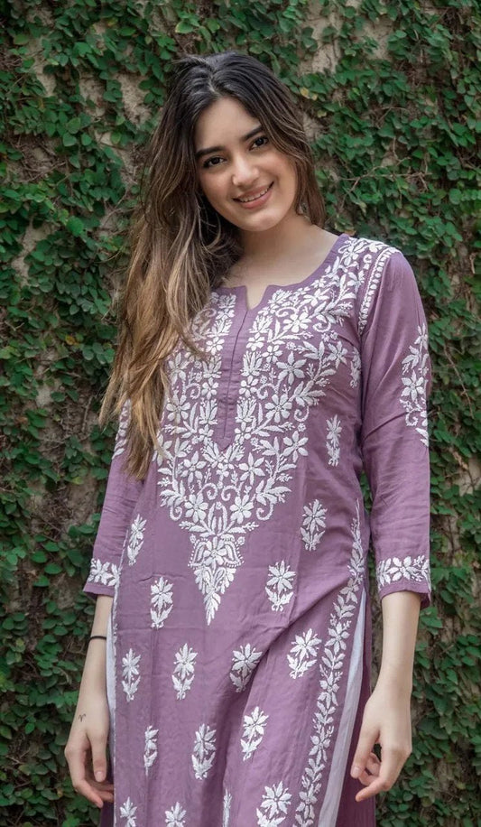 Purple Rayon Cotton Chikankari Kurta Palazzo