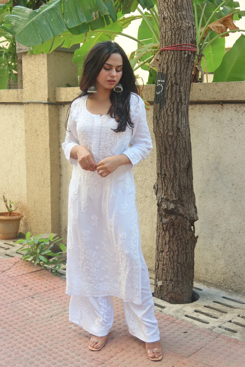 White Cambric Cotton Chikankari Kurta With Palazzo