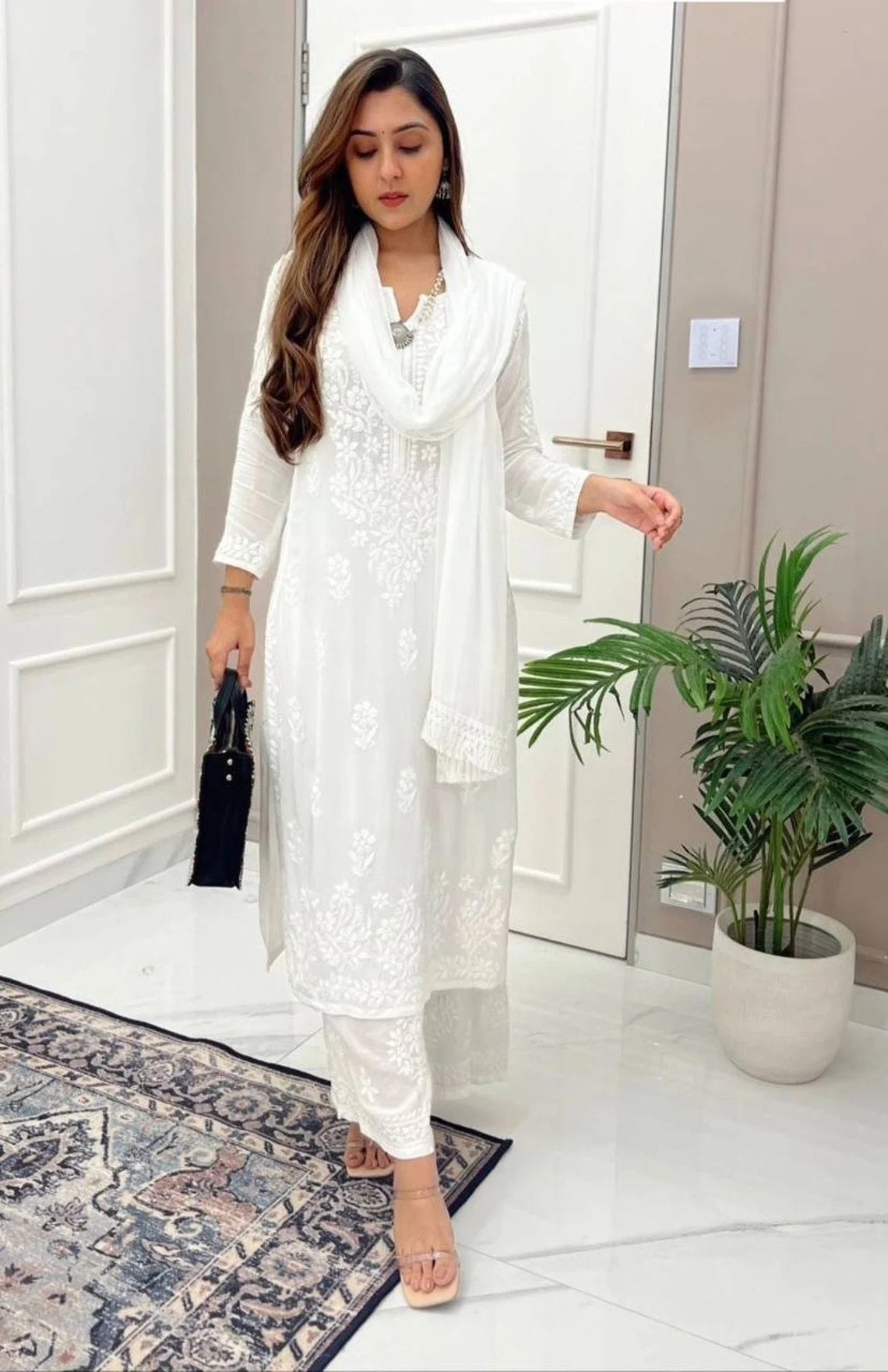 Zuliat White Cambric Cotton Chikankari Kurta With Palazzo