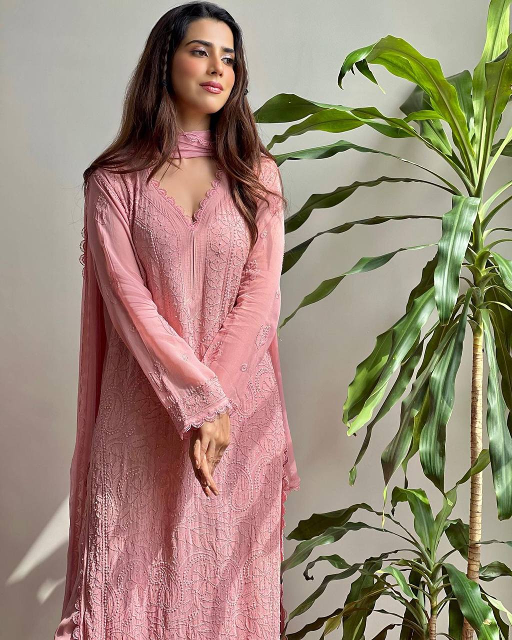 Lisa Pink Viscose Georgette Chikankari Kurta With Palazzo And Dupatta