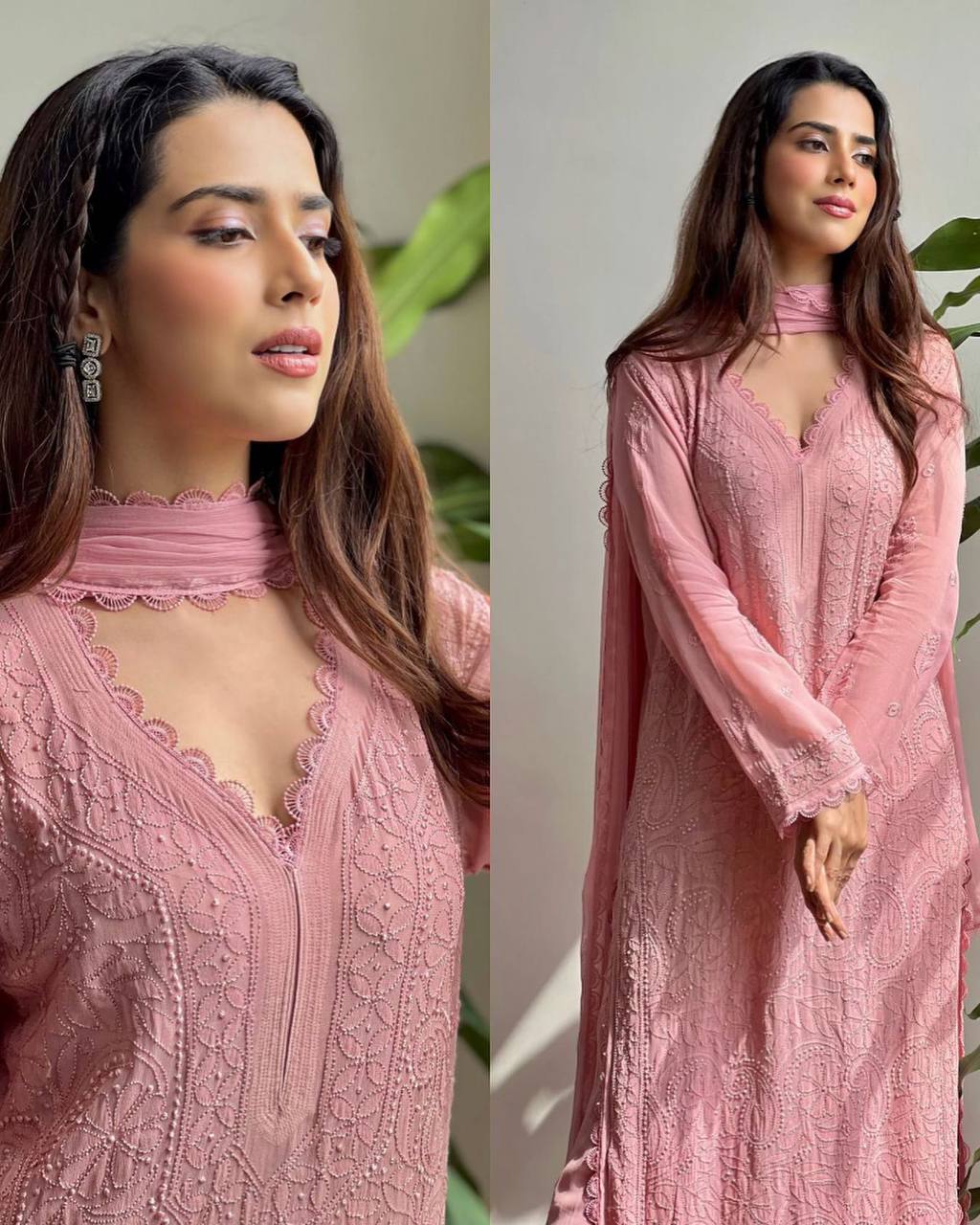 Lisa Pink Viscose Georgette Chikankari Kurta With Palazzo And Dupatta