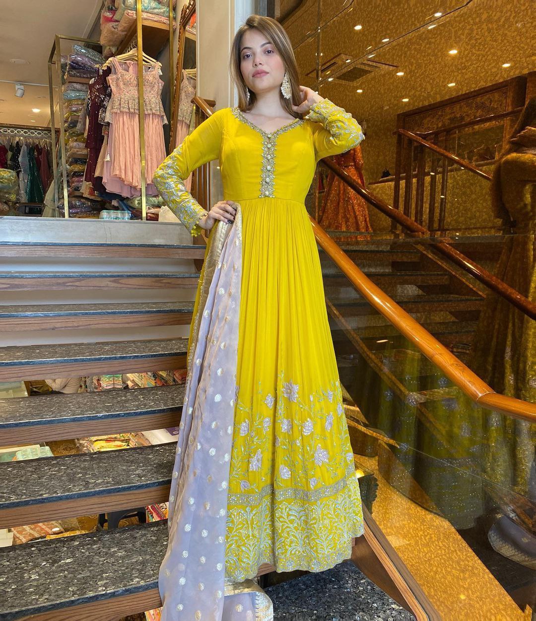 Yellow Georgette Embroidery Gown