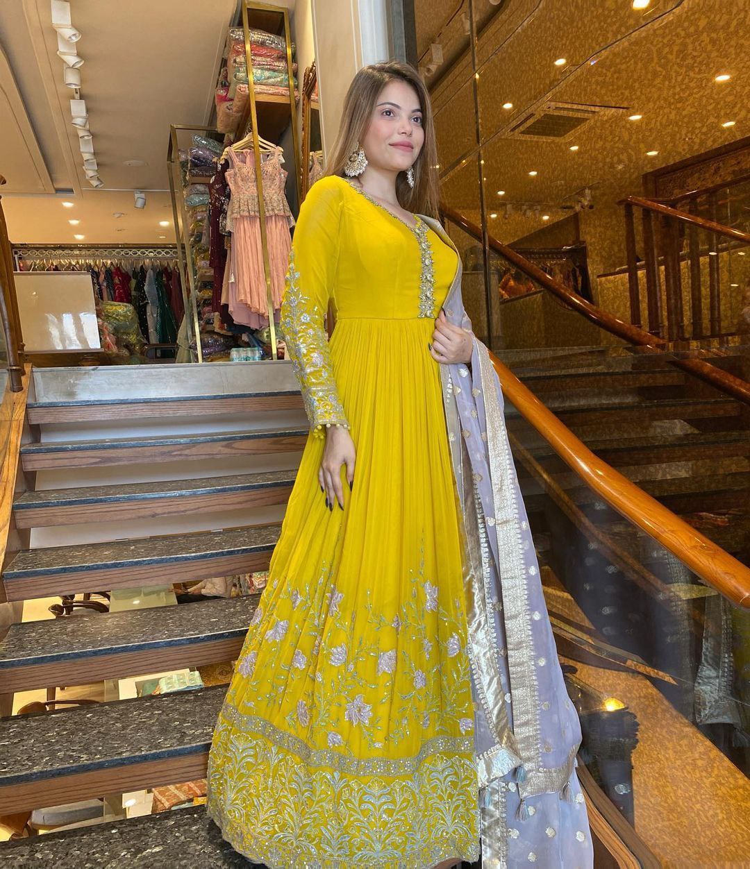 Yellow Georgette Embroidery Gown