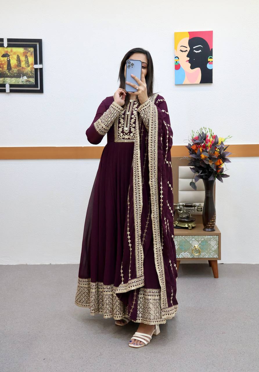 Purple Fox Georgette Embroidery Gown