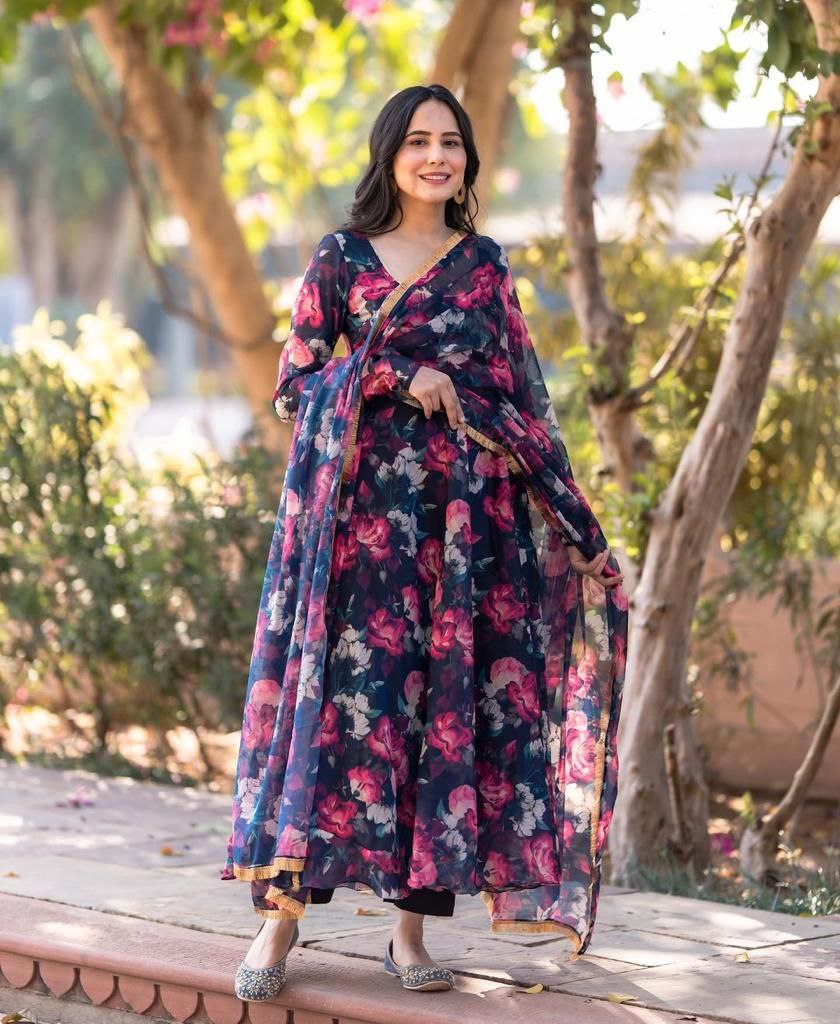 Navy Blue Printed Fox Fox Georgette Salwar Suit