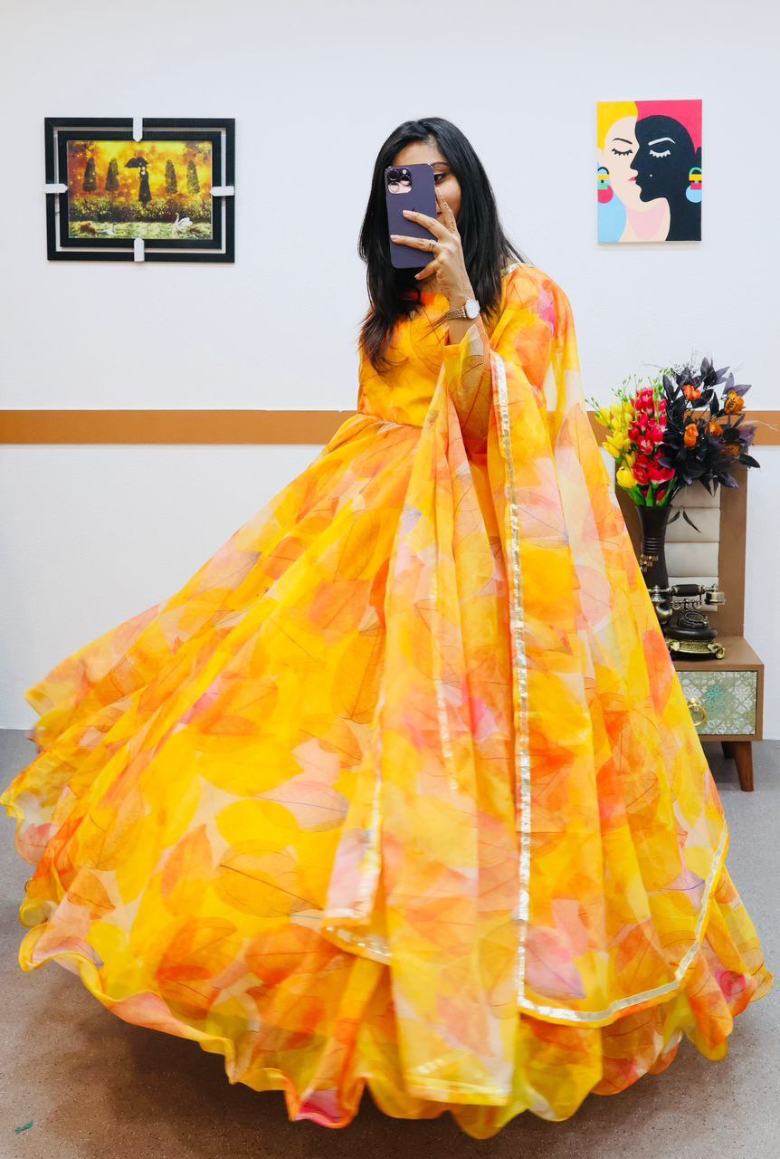 Orange Organza Printed Gown