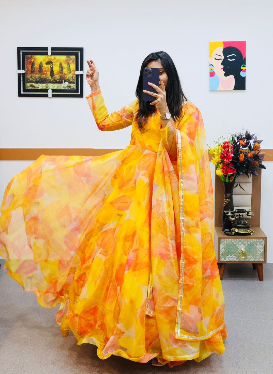 Orange Organza Printed Gown