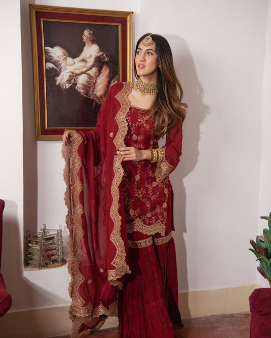 Red Fox Georgette Embroidery Sharara Suit