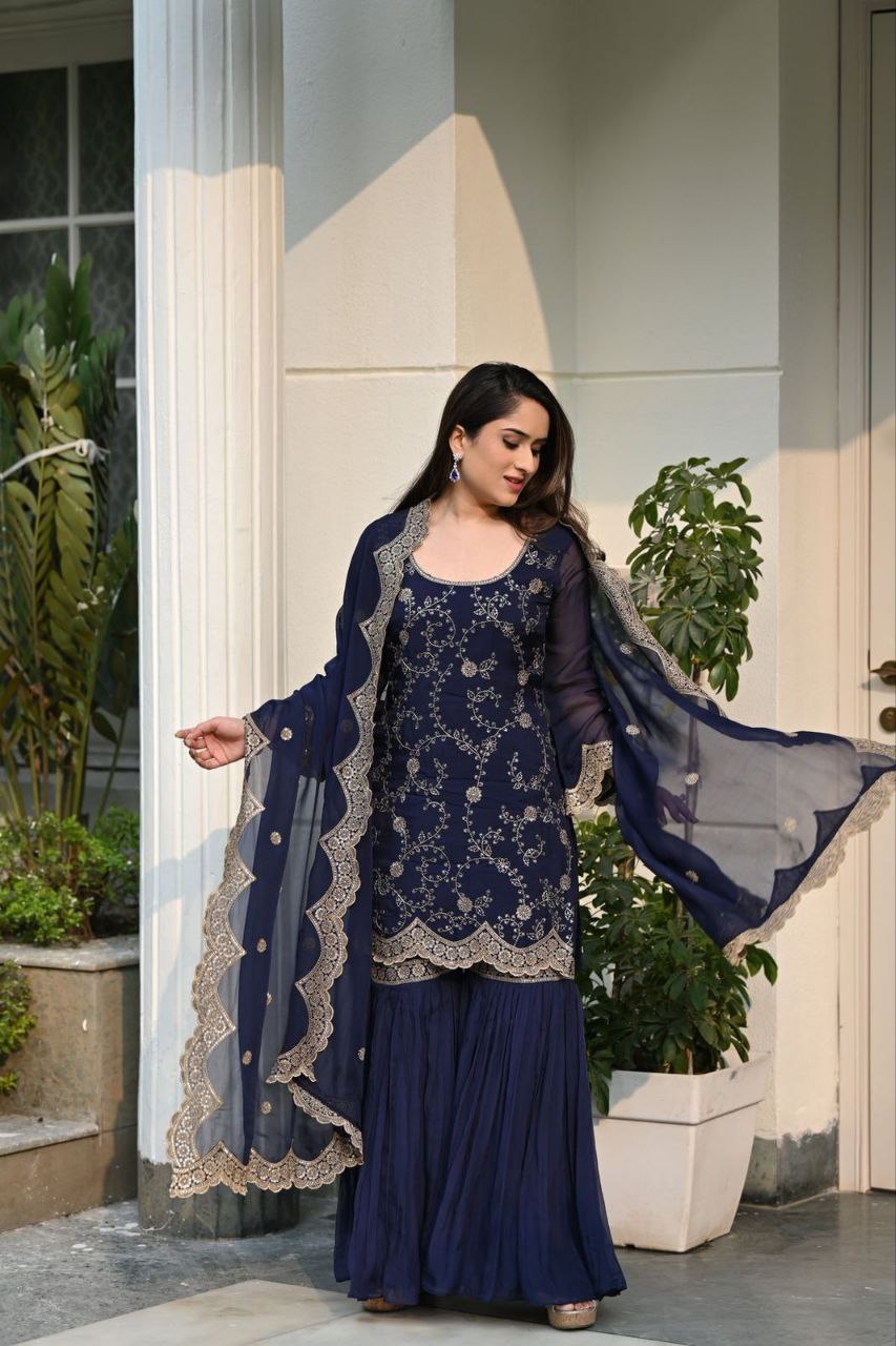 Blue Fox Georgette Embroidery Sharara Suit