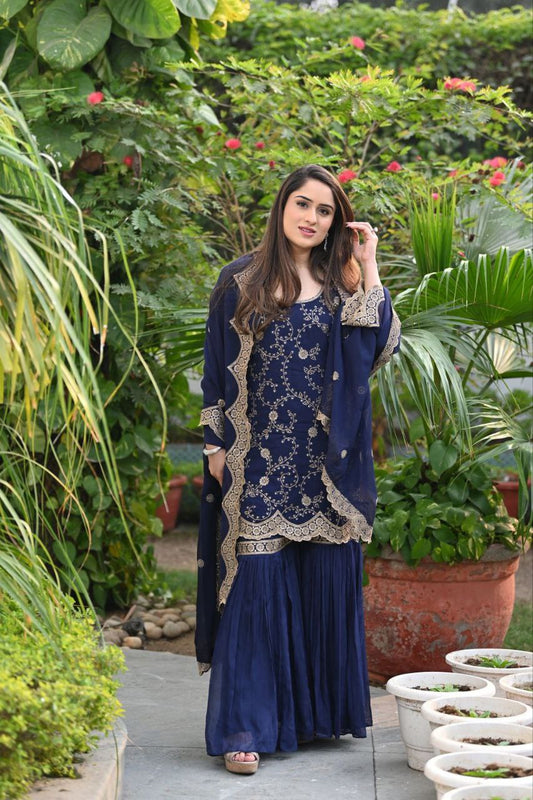 Blue Fox Georgette Embroidery Sharara Suit