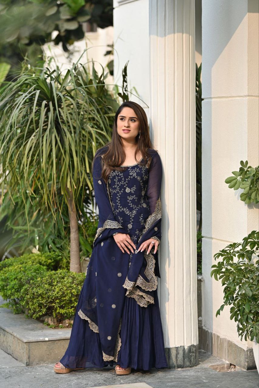 Blue Fox Georgette Embroidery Sharara Suit