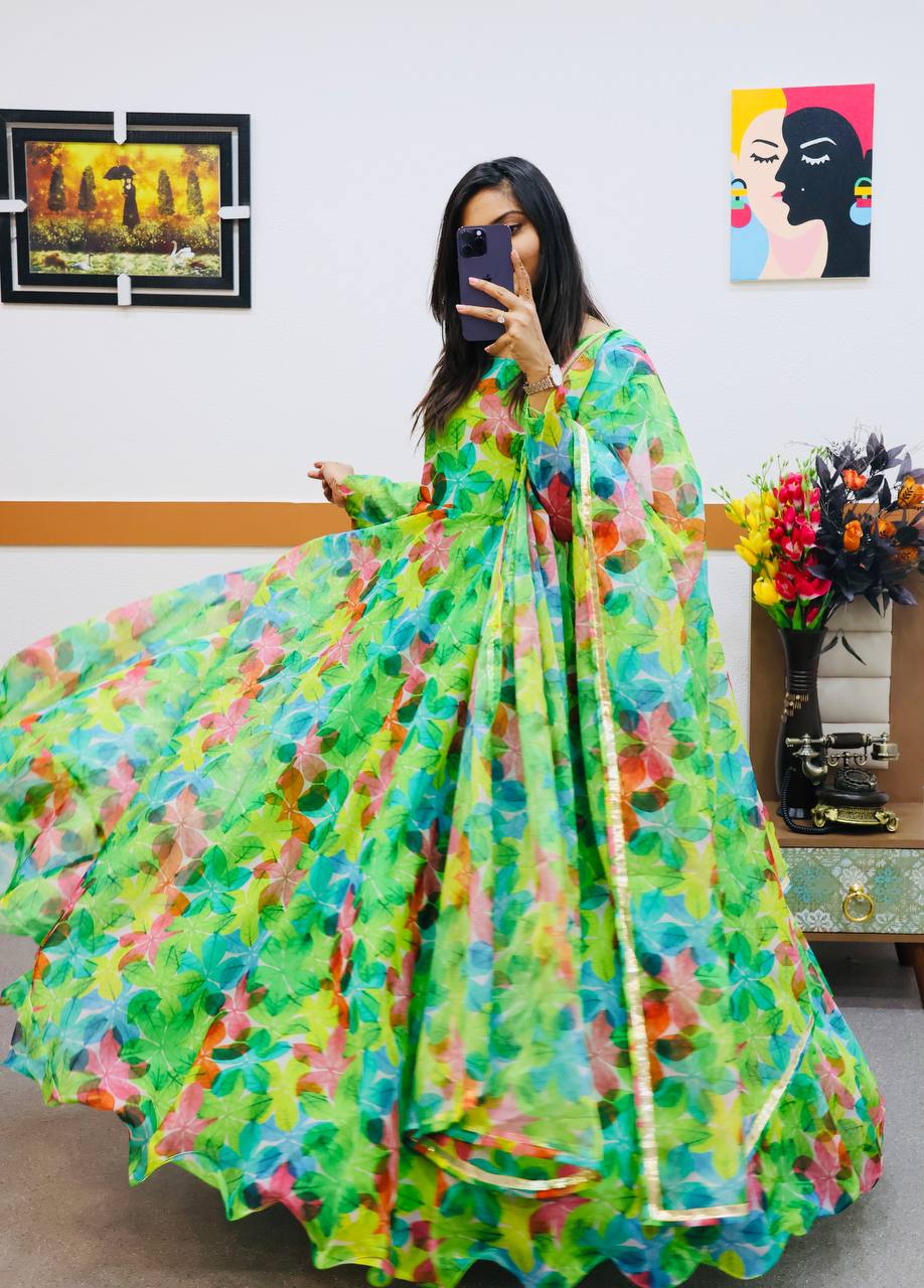 Green Organza Printed Gown