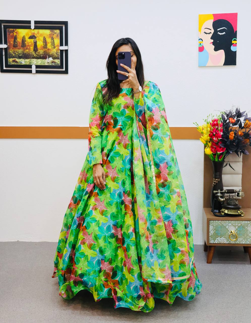 Green Organza Printed Gown