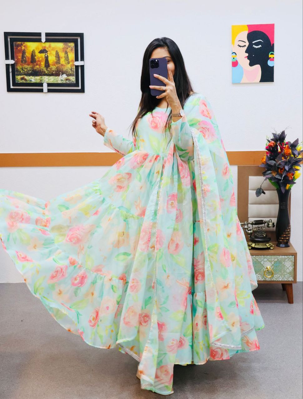 Light Green Organza Printed Gown